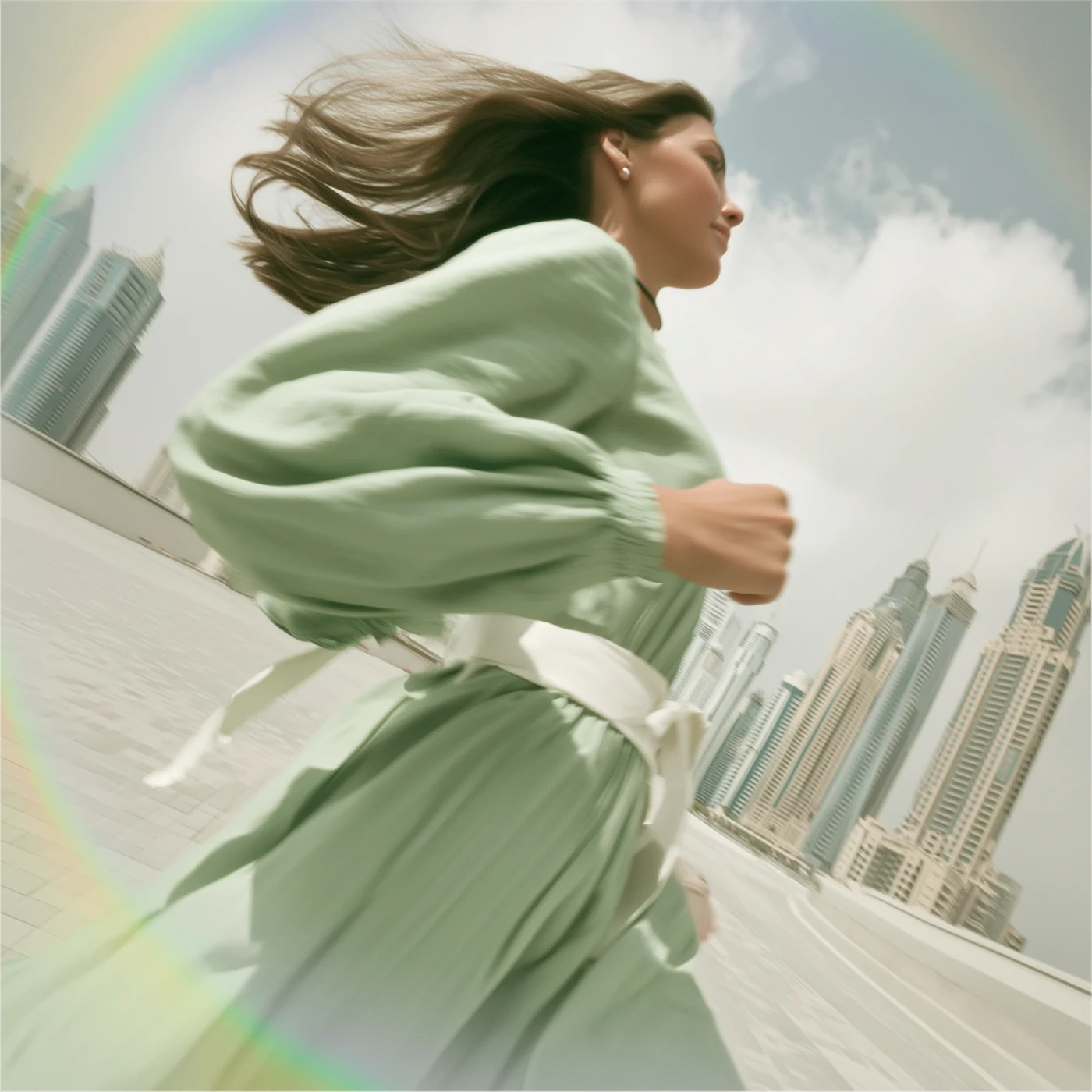 NUVAREL brand image: a woman moving through Dubai in soft mint tones