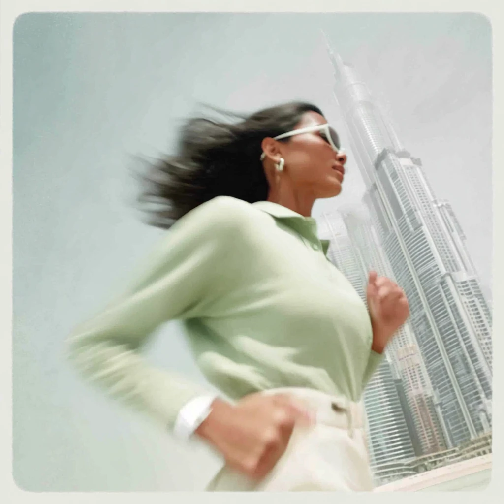 Conceptual brand image of a woman running in Dubai with the Burj Khalifa behind her