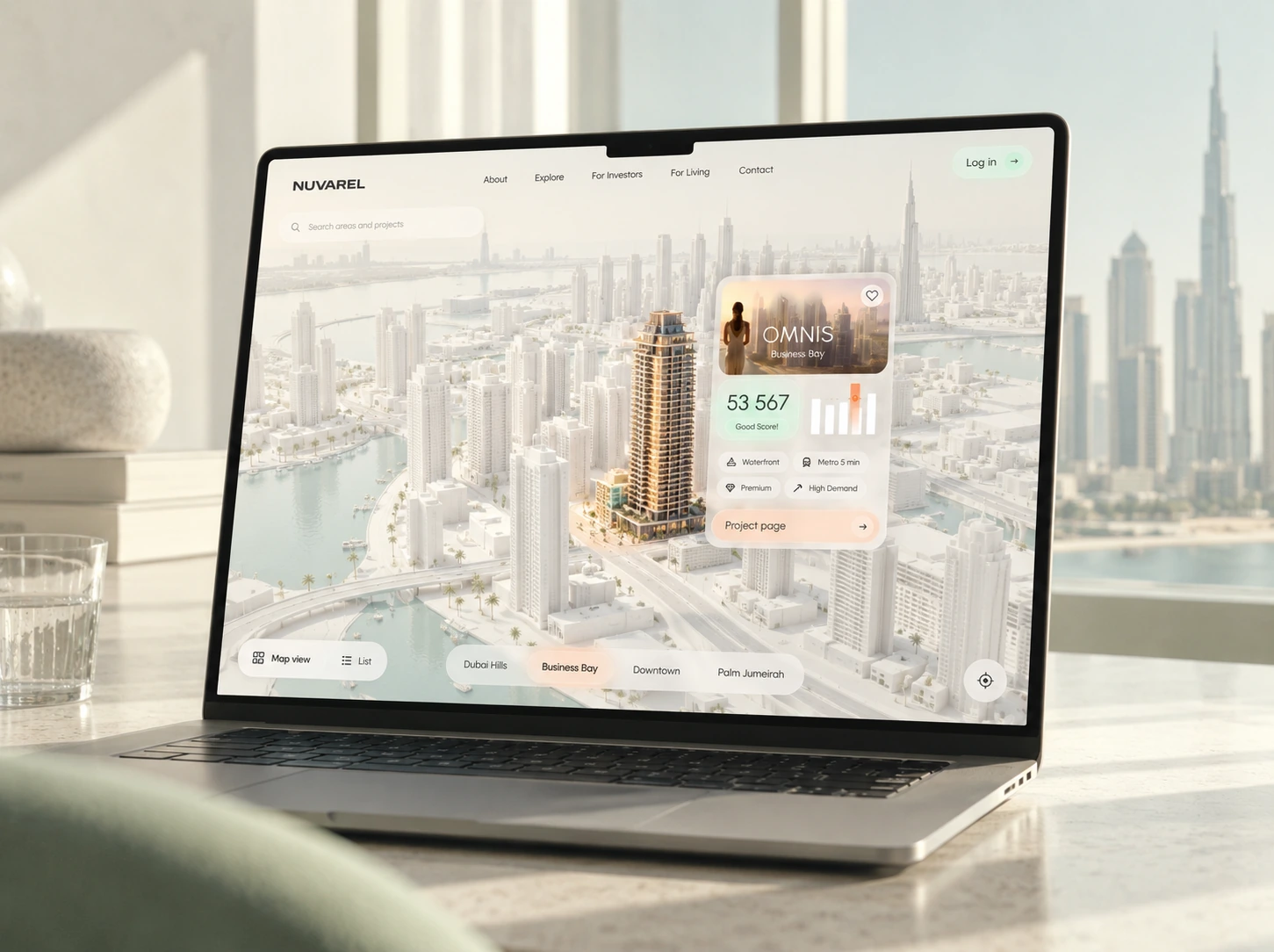 NUVAREL product concept on a laptop: exploring Dubai areas and projects in a map interface